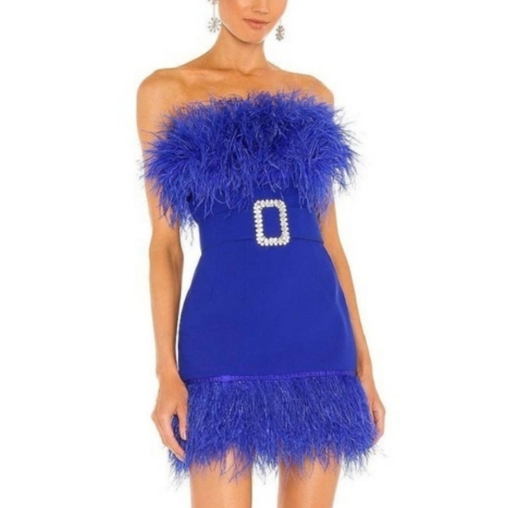 Bronx and Banco Blue Feather Mini Dress